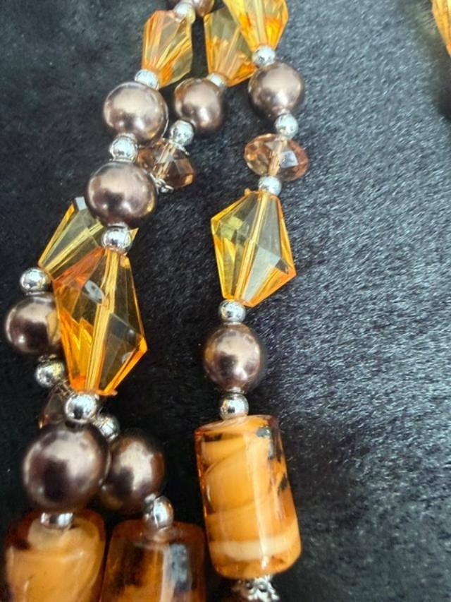 Amber Color  Glass Three Strand Necklace. Hook on Earring Set