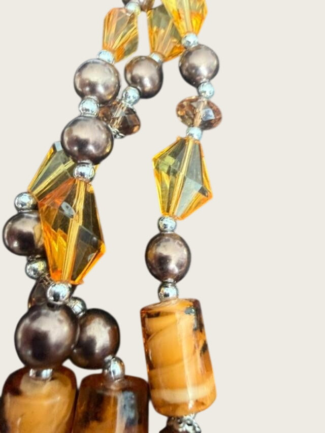 Amber Color  Glass Three Strand Necklace. Hook on Earring Set