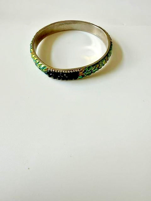 Iridescent Marquise Rhinestone Black Crystal Silver Tone Bangle Bracelet