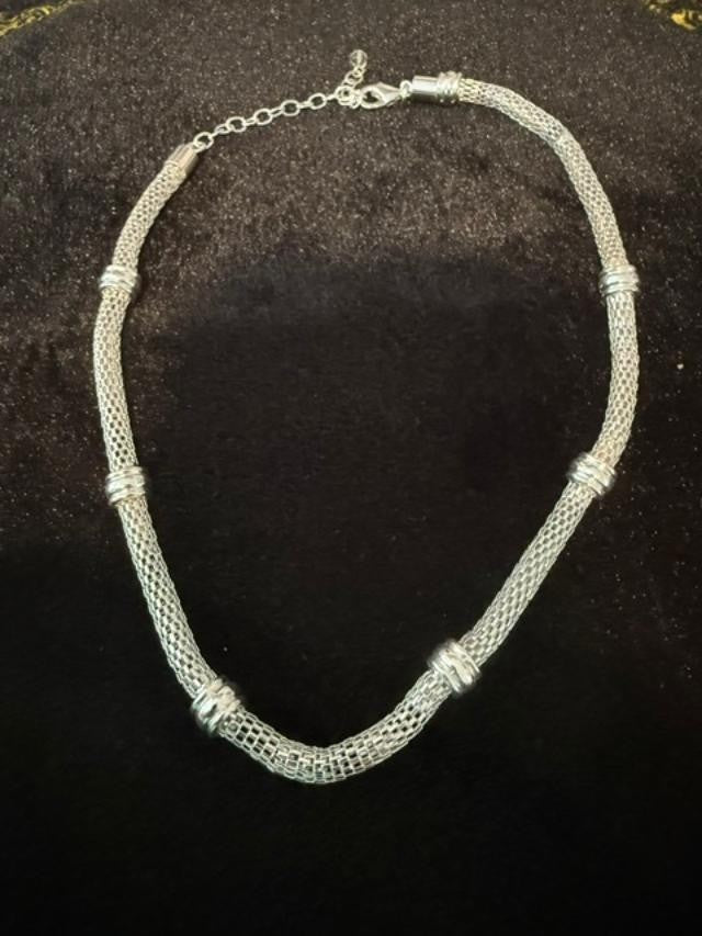Silver Tone Mesh Necklace with Spacer Rings 15–18 in Adjustable