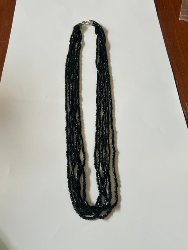 Vintage Black Multi Strand Glass Seed Bead Necklace Silver Tone Clasp  27 inch