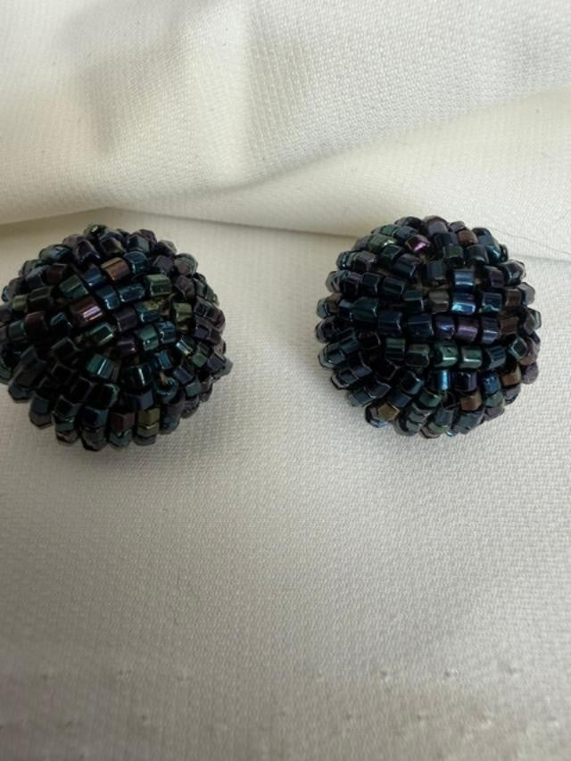 Pair Vintage Round Dark Blue AB Beaded Earrings