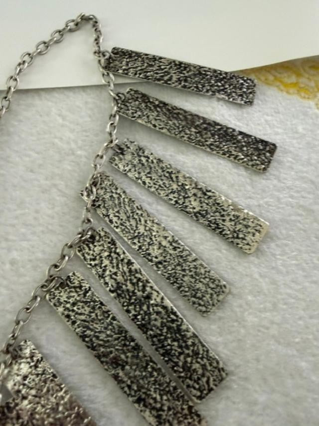 Vintage Silver Tone Fringe Statement Necklace Textured Bar Pendants 35"