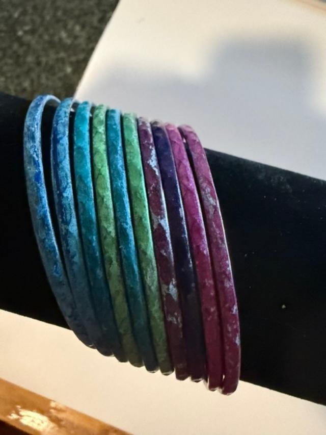 Set of 10 Multicolor Distressed Metal Bangle Bracelets Boho Stackable