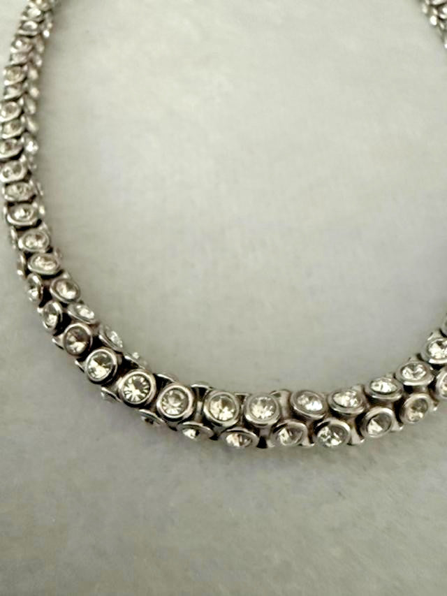 Silver Tone Clear Rhinestone Tennis Choker Necklace 13-16" Adjustable