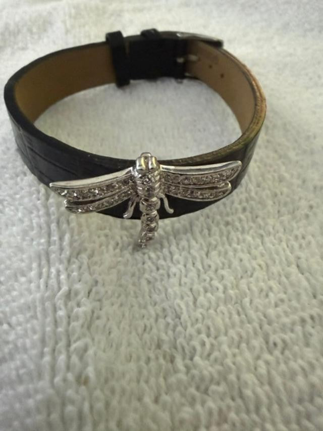 Black leather Band with Sterling Silver Dragonfly Bracelet