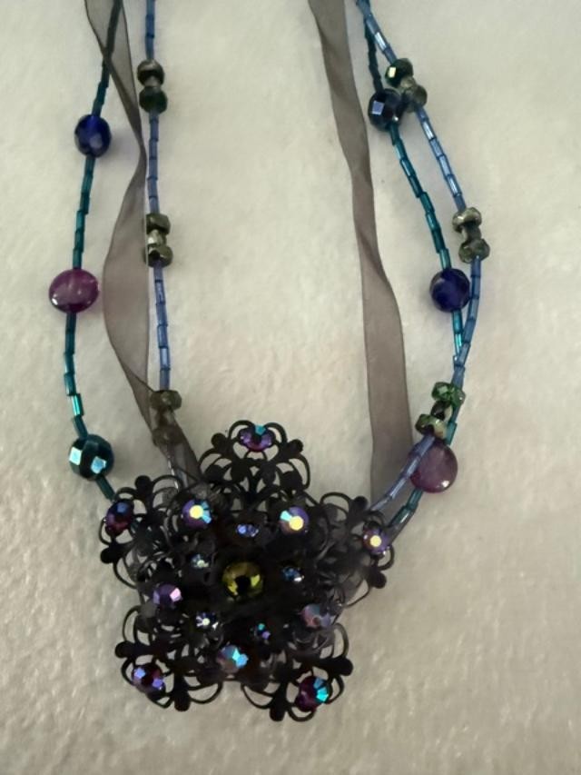 Lane Bryant Black Filigree Flower Statement Necklace AB Rhinestones 21" 2" Penda
