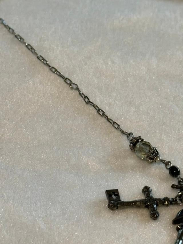 Silver Tone Skeleton Key Charm Necklace Crystal Beads Toggle Clasp 15 Inch