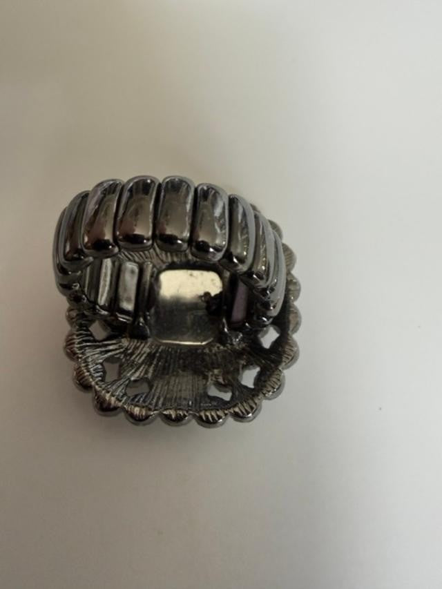Amber Topaz Rhinestone Square Stretch Cocktail Ring Gunmetal Tone