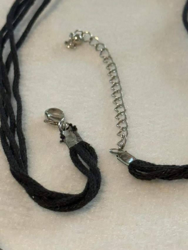 Black Cord Silver Tone Oval Link Statement Necklace 40 Inch Long