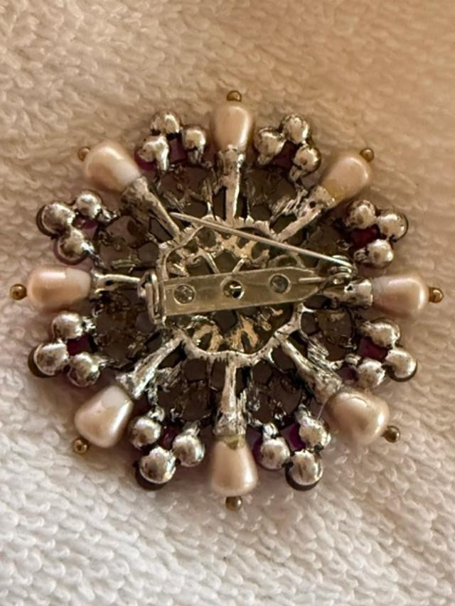 OOAK Upcycled Statement Brooch Faux Pearl Purple Bead Rhinestone Filigree Pin 2"
