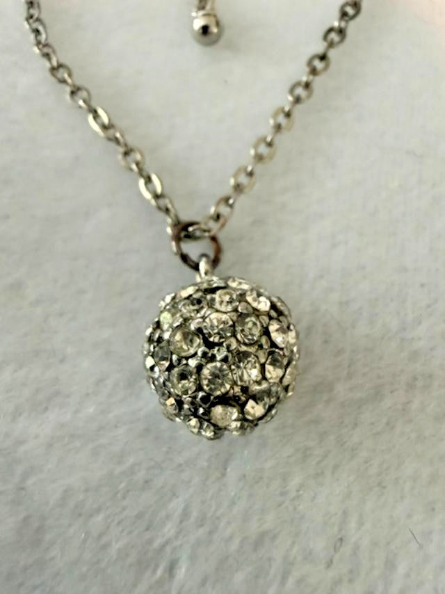 Silver Tone Pave Crystal Ball Pendant Necklace 18.5-22” Adjustable