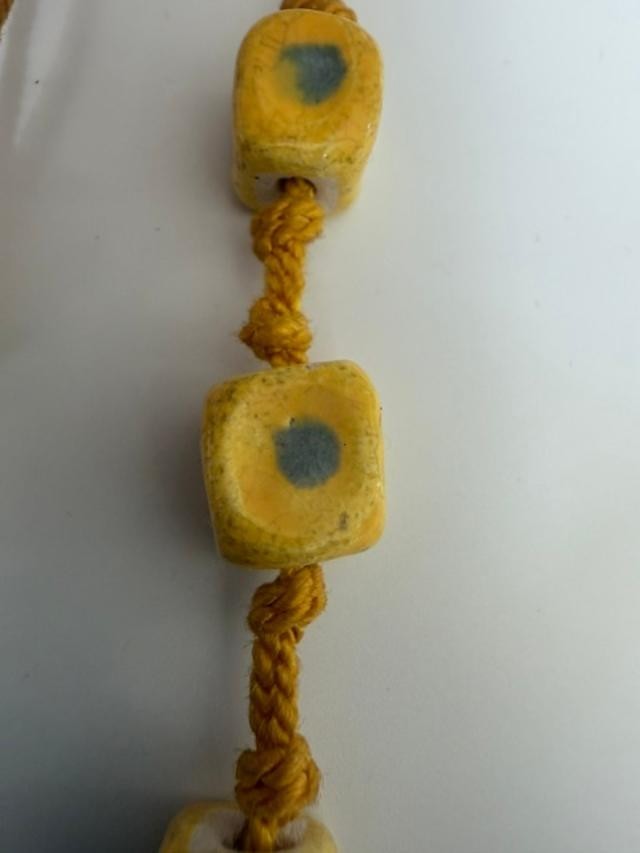 Vintage Yellow Ceramic Bead Necklace Knotted Cord Boho Pottery Jewelry