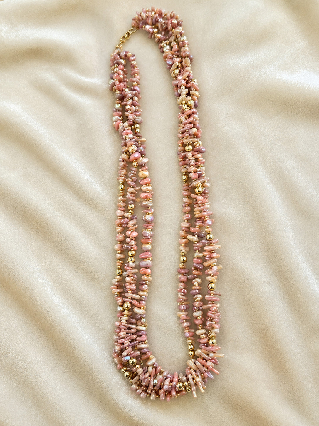 Vintage 27" Pink AB Shell Chip 3 Strand Statement Necklace Gold Tone Boho
