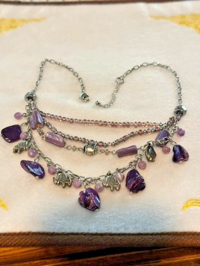 Purple Bead Owl Elephant Charm Multi Strand Necklace 18 Inch Silver Tone