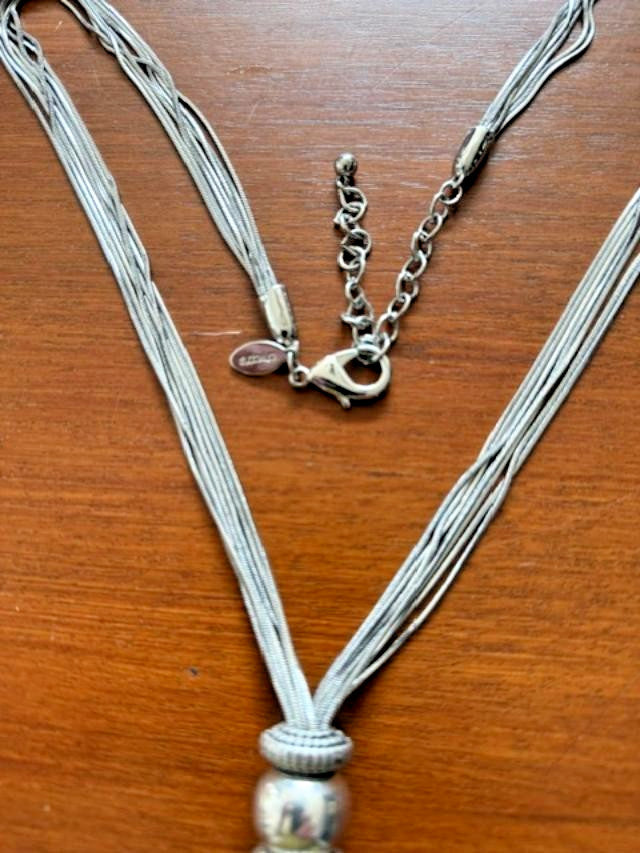 Chico’s Silver Tone Multi Strand Chain Tassel Necklace 33” Long 8” Pendant