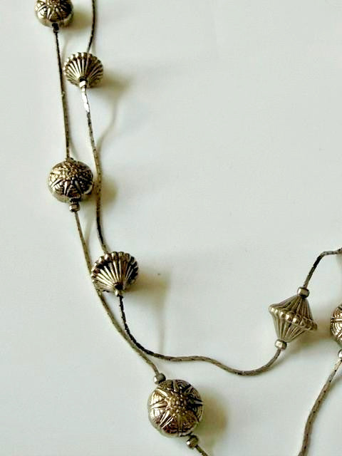 23” Antiqued Silver Tone Double Strand Embossed Bead Station Necklace  Condition