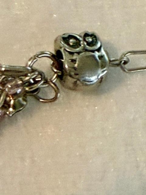 Purple Bead Owl Elephant Charm Multi Strand Necklace 18 Inch Silver Tone