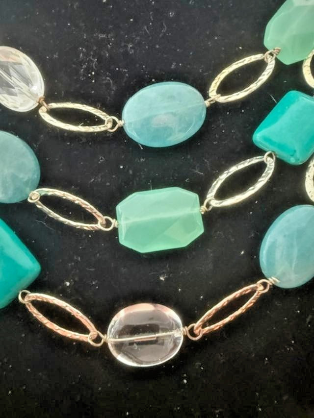 Aqua Turquoise Green Triple Strand Beaded Necklace Silver Tone 17" Unsigned