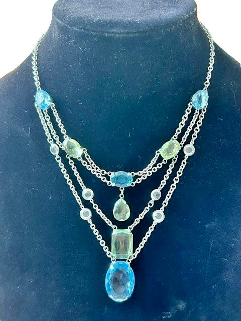 Express Aqua Blue Green Faceted Stone Multi Strand Necklace Silver Tone 19"