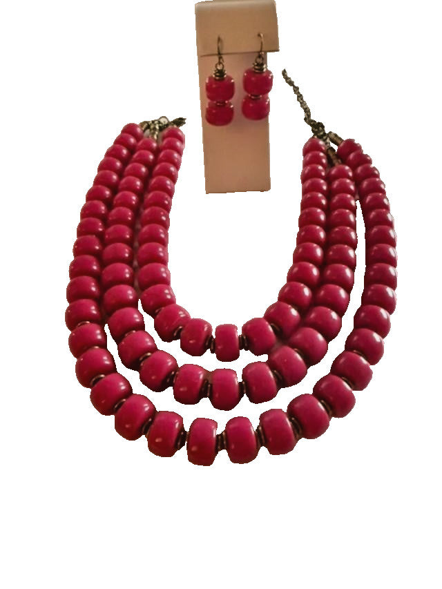 Pink Beaded Necklace & Earrings Set Triple Strand 15" Statement Jewelry