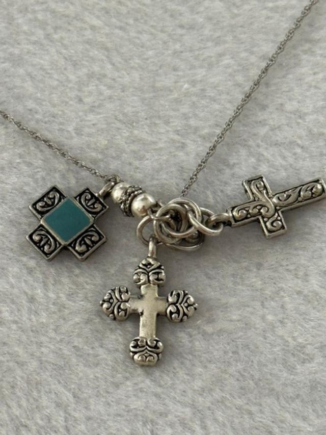 Silver Tone Cross Charm Necklace Religious Faith Dangle Charms 17 Inch
