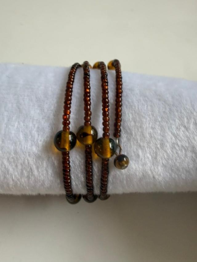 Brown Amber Glass Seed Bead Memory Wire Wrap Bracelet Boho