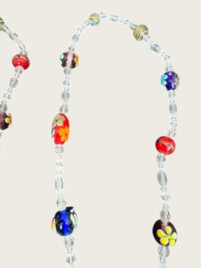 Extra-long multicolor lampwork-style glass bead necklace measuring approximately