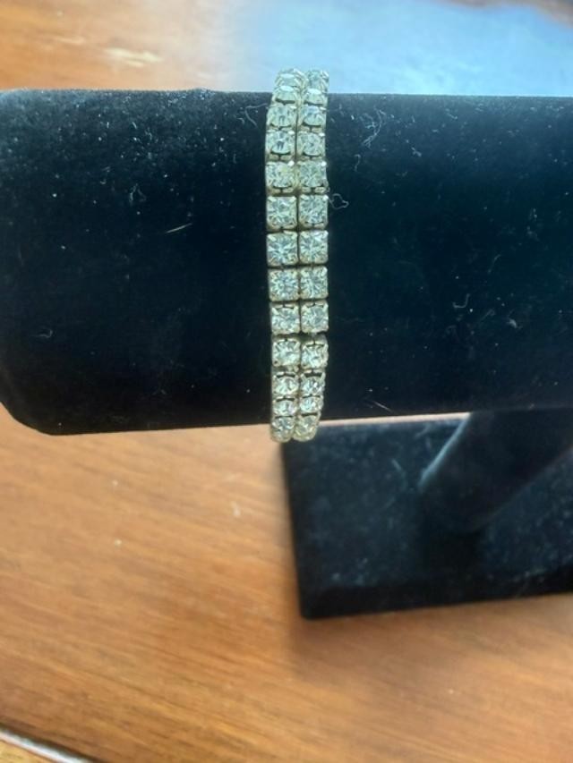 Clear Rhinestone Double Row Stretch Bracelet Silver Tone Tennis Style