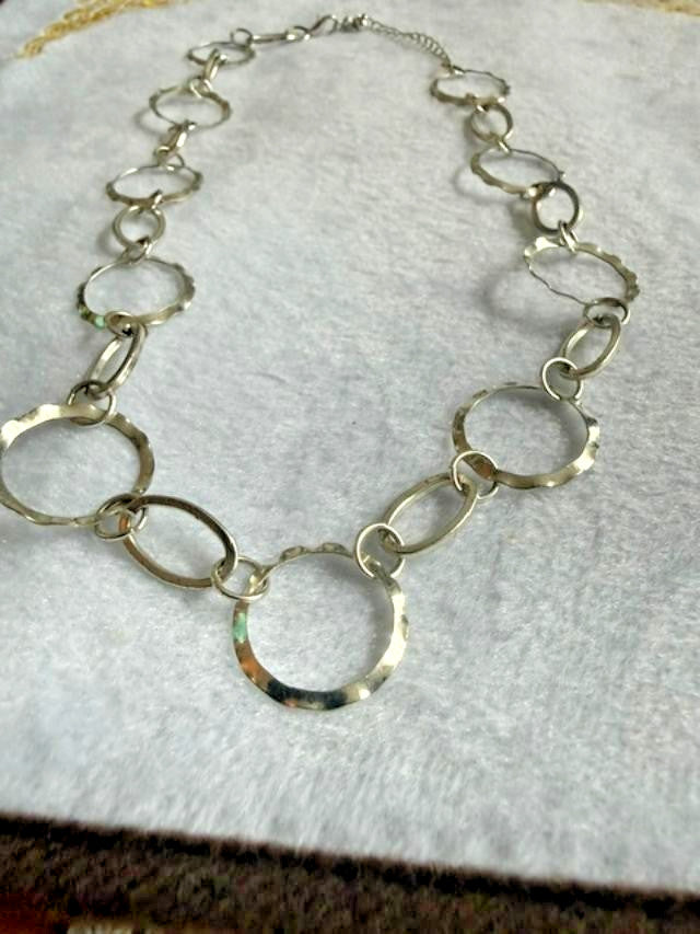 Silver Tone Hammered Open Circle Oval Link Statement Necklace 20"