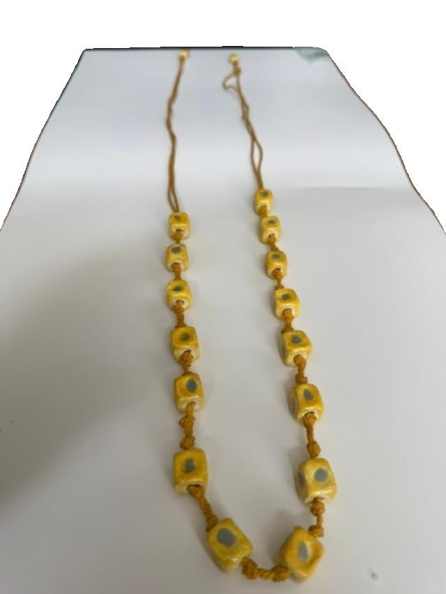 Vintage Yellow Ceramic Bead Necklace Knotted Cord Boho Pottery Jewelry