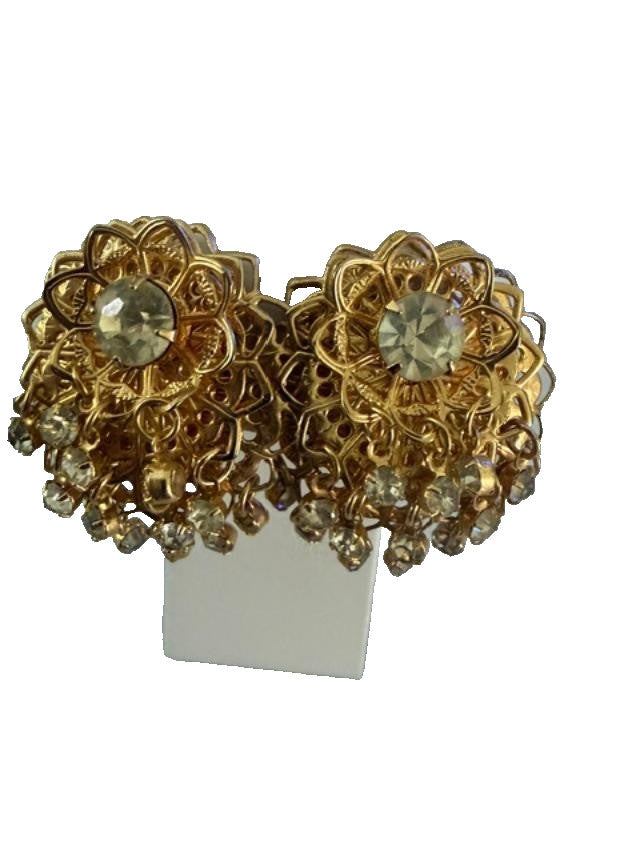 Vintage Gold Tone Filigree Rhinestone Dangle Clip On Earrings