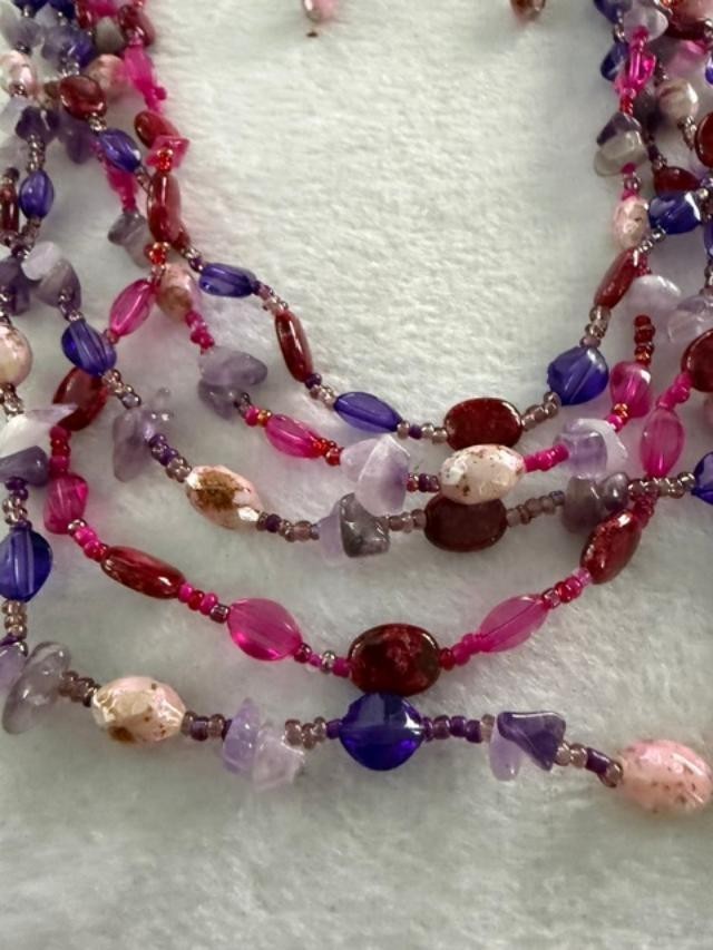 Multi Strand Boho Beaded Necklace Matching Earrings Purple Pink Set 30 inch