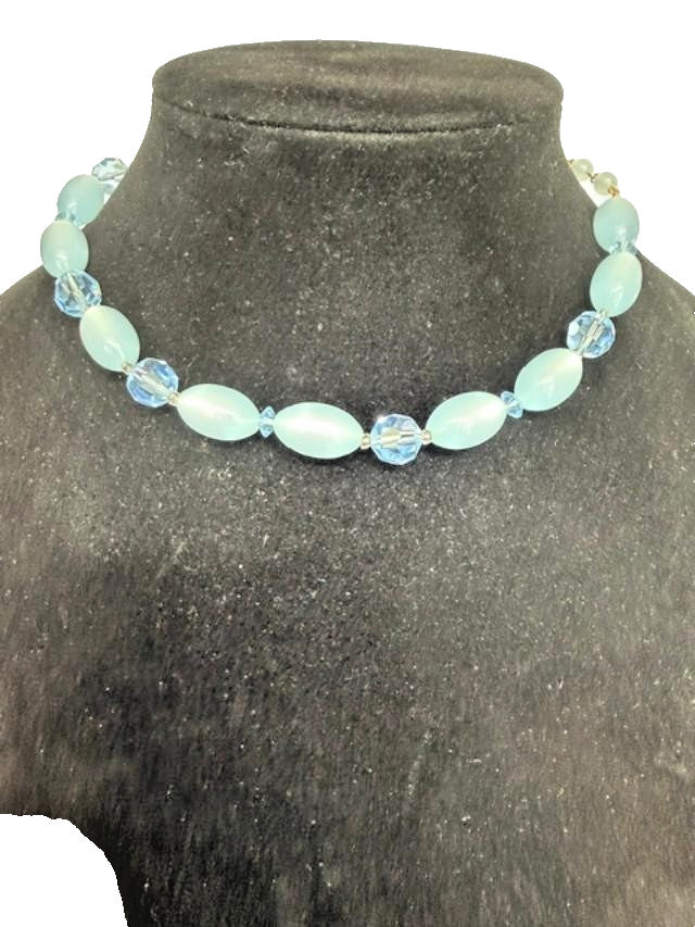 Vintage Necklace Gold Tone Blue Glass Bead 36"