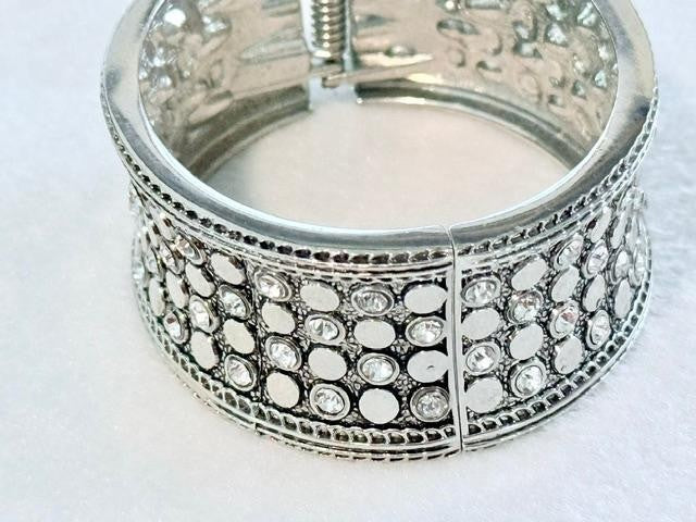 Silver Tone Clear Rhinestone Mosaic Hinged Cuff Bracelet 1.25 approx. inch Wide