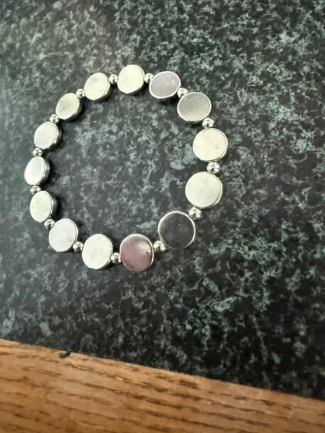 Silver Tone Flat Round Disc Bead Stretch Bracelet Minimalist Boho