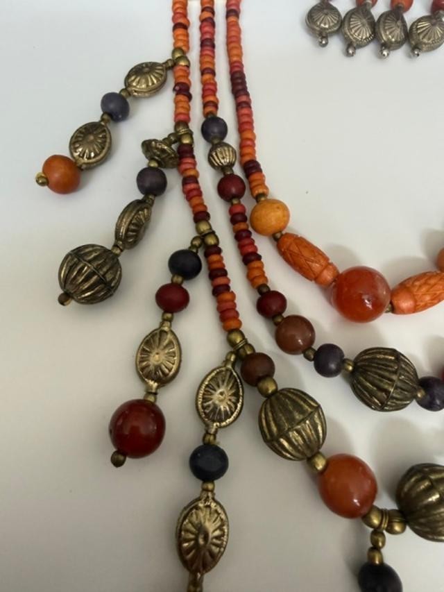 Boho Tribal Bead Necklace Earrings Set Orange Red Brass Tone Dangles