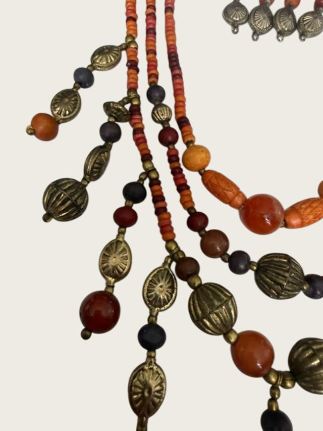 Boho Tribal Bead Necklace Earrings Set Orange Red Brass Tone Dangles