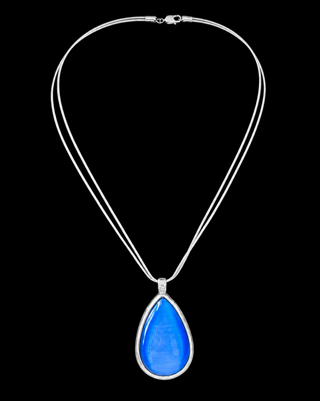 Blue Cat’s Eye Glass Teardrop Pendant Double Snake Chain Necklace 19"