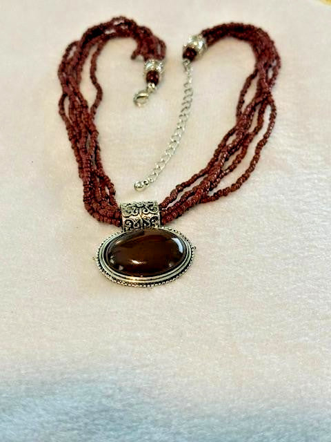 Vintage Brown Seed Bead Multi Strand Glass Cabochon Pendant Necklace 17"