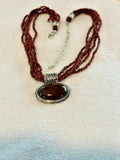 Vintage Brown Seed Bead Multi Strand Glass Cabochon Pendant Necklace 17"