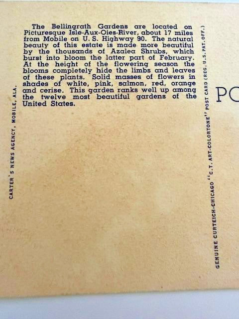 Vintage 1940s Bellingrath Gardens Mobile Alabama Curt Teich Linen Postcard Unuse