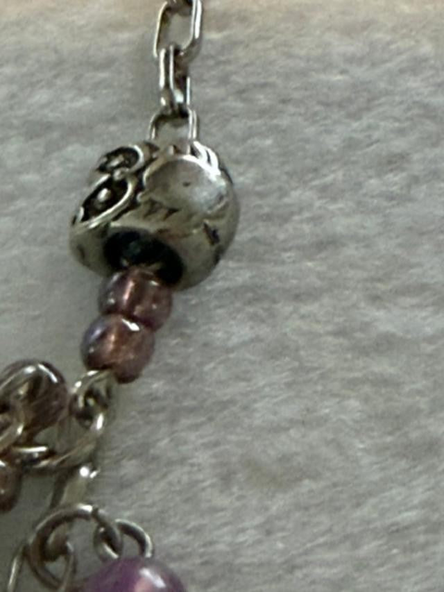 Purple Bead Owl Elephant Charm Multi Strand Necklace 18 Inch Silver Tone