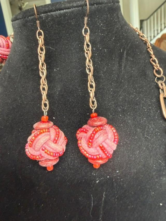36" Boho Pink Woven Textile Bead Necklace & Earring Set Copper Tone Artisan Sty
