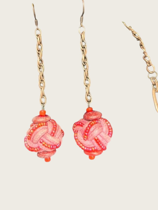 36" Boho Pink Woven Textile Bead Necklace & Earring Set Copper Tone Artisan Sty