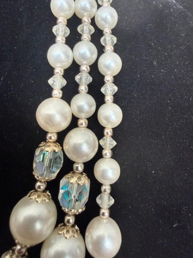 Vintage 3 Strand Beaded Necklace Clear Aurora Borealis Beads Faux White Pearls
