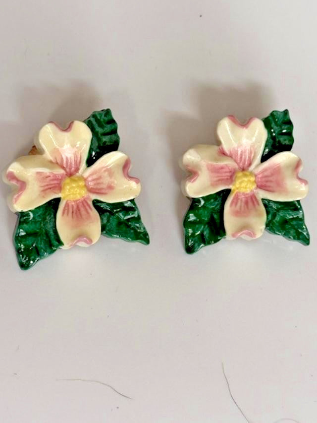 vintage dogwood flower clip-on earrings, about 1 inch, with cream/ivory petals,