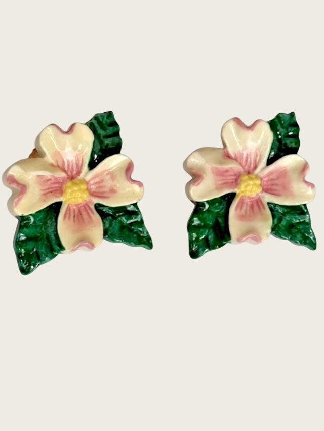 vintage dogwood flower clip-on earrings, about 1 inch, with cream/ivory petals,