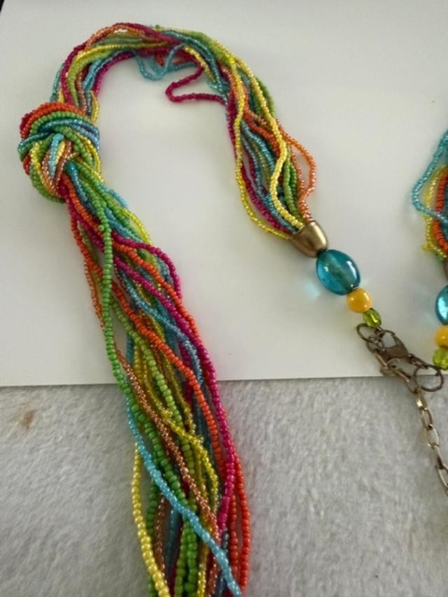 40" Multi Strand Rainbow Seed Bead Necklace Boho Knot Colorful Beaded