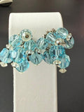 Vintage Baby Blue Glass Crystal Cluster Beaded Clip On Earrings Classy Lady